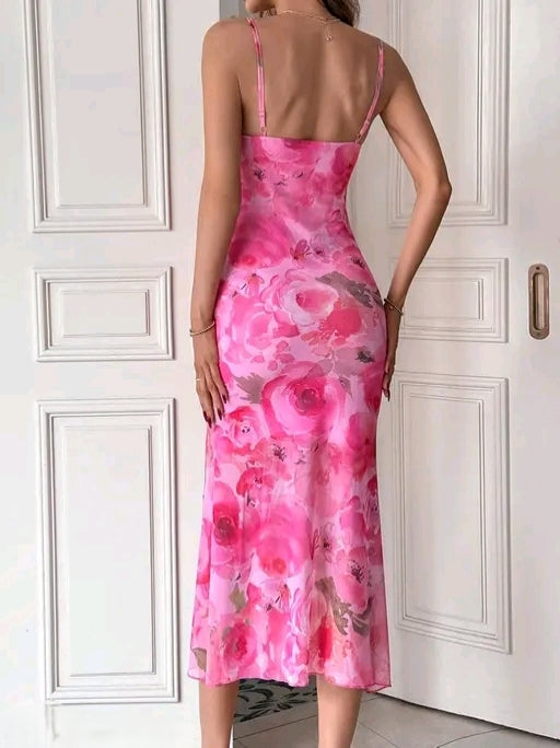 BloomBerry Pink Floral Bodycon Midi Dress