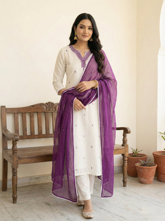Women Embroidered Straight Kurta with Pants & Dupatta Set