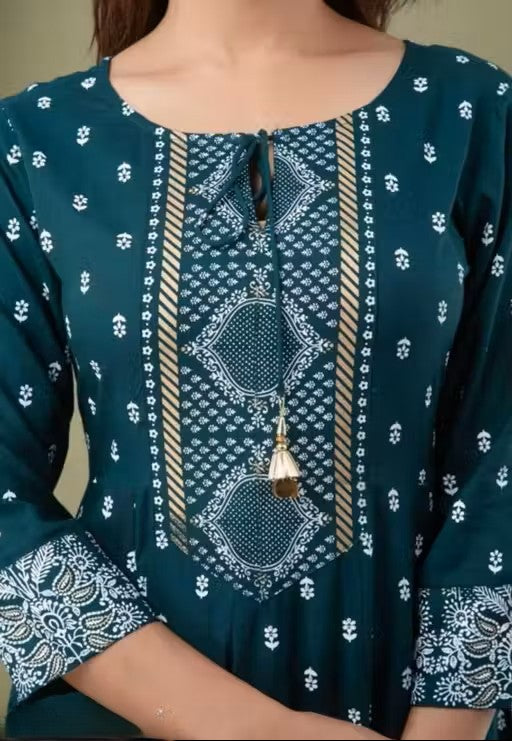 Women's Rayon Printed Anarkali Kurti with Pant and Dupatta Set