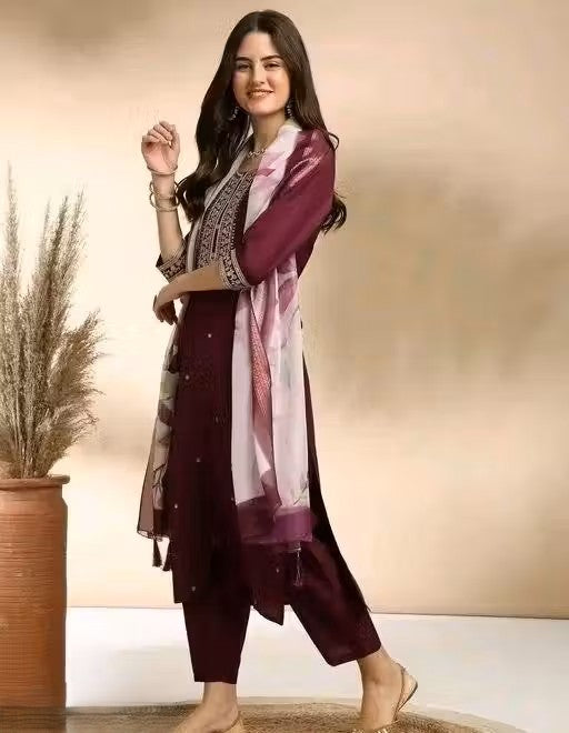 FANCY REYON SLUB KURTA SET WITH DUPATTA