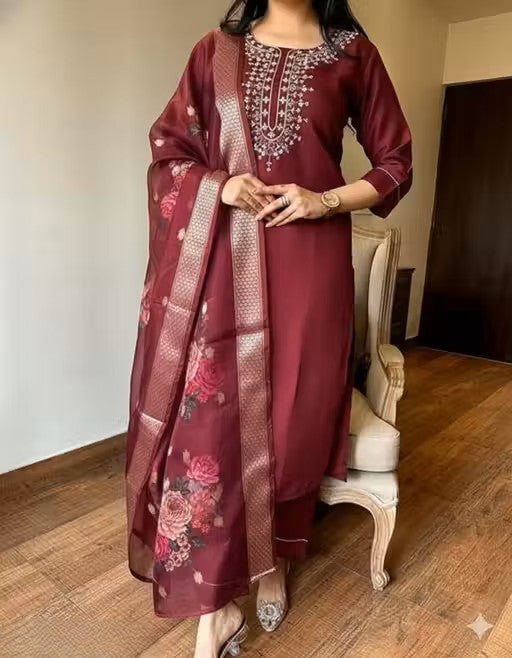 RAYON NECK EMROIDERY 3 PC SUIT FOR WOMAN FASHION