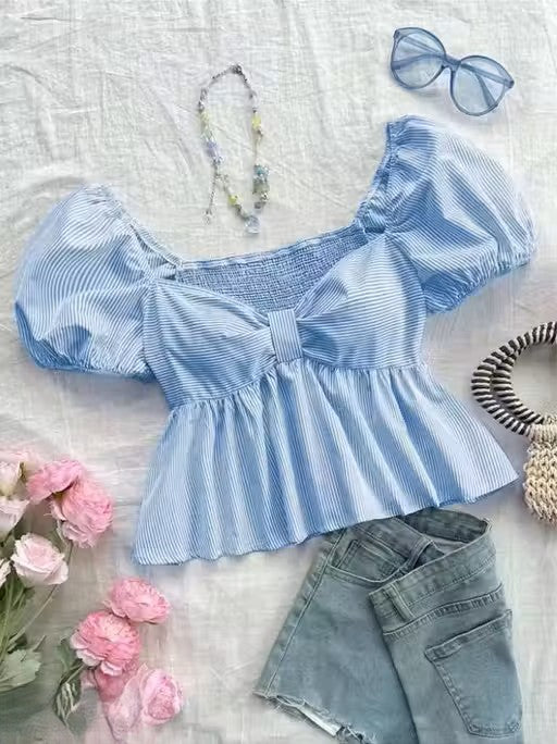 Cotton Stripe Puff Sleeve Shirt