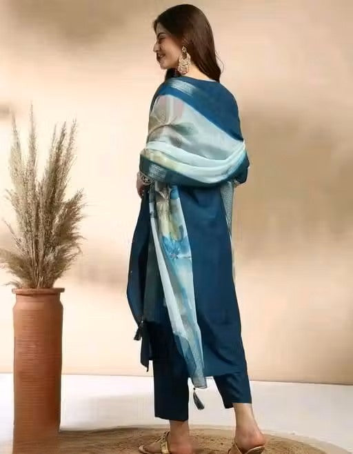 Fancy Rayon Slub Kurta Set For Women With Dupatta