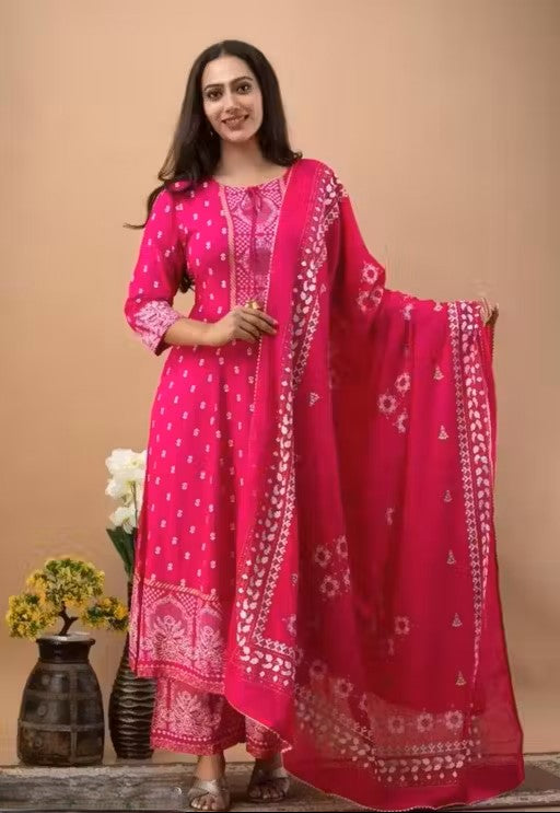 Women's Rayon Printed Anarkali Kurti with Pant and Dupatta Set