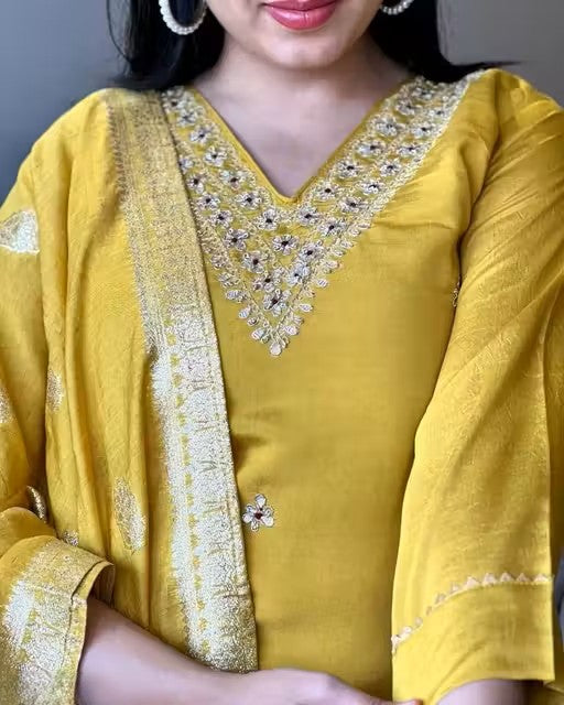 New Embroidery a-Line Kurti with Dupatta and Bottom Ware