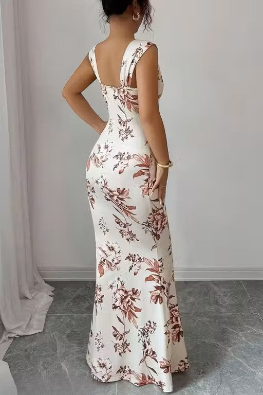 White Floral Print Mermaid Bodycon Maxi Dress