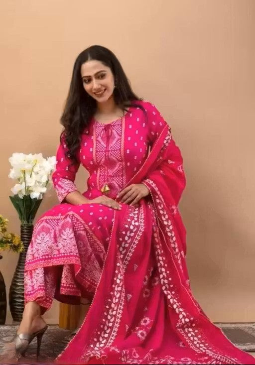 Women's Rayon Printed Anarkali Kurti with Pant and Dupatta Set