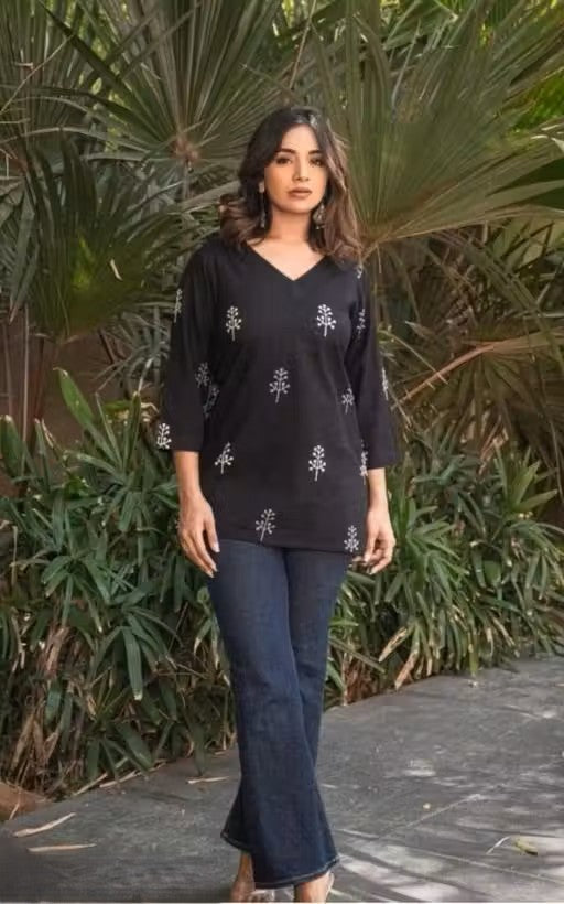 Black Flower Pattern Short Kurti