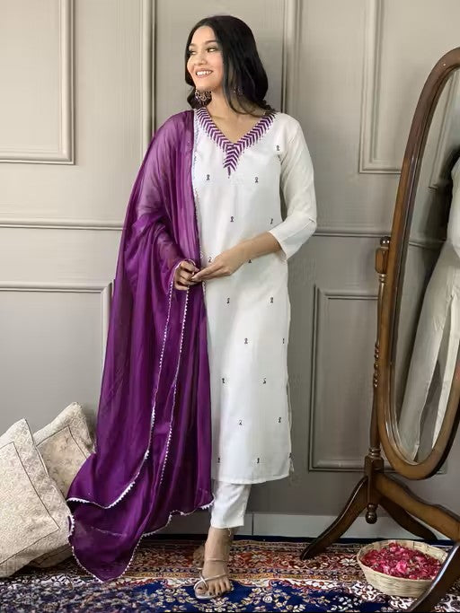 Women Embroidered Straight Kurta with Pants & Dupatta Set