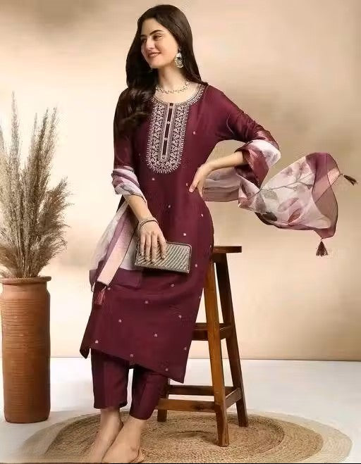 FANCY REYON SLUB KURTA SET WITH DUPATTA