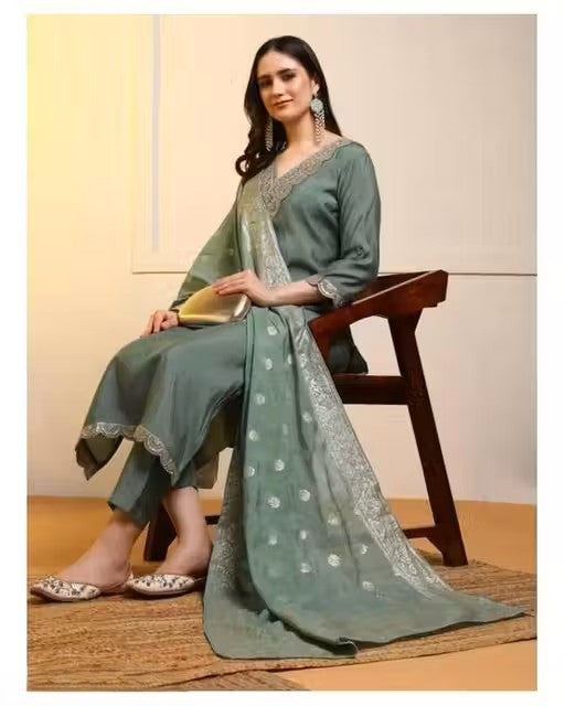 Fancy Reyon Slub Kurta Set With Dupatta