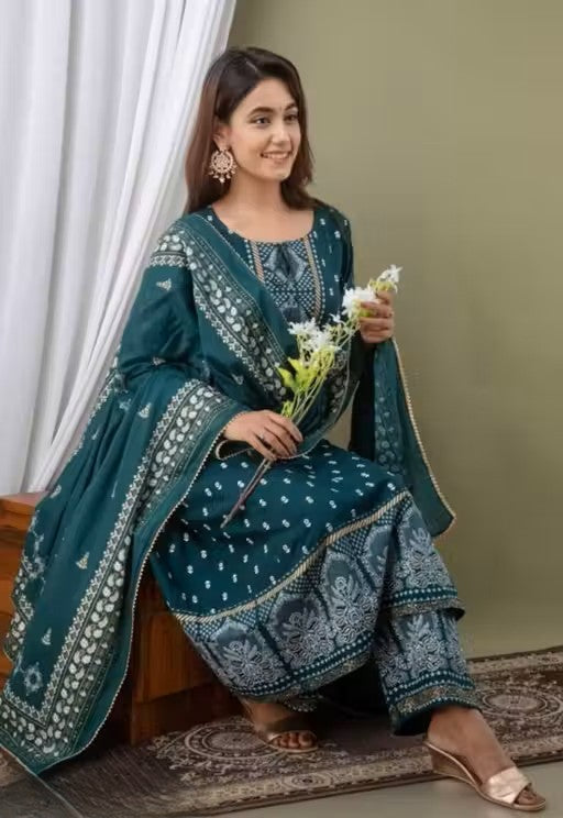 Women's Rayon Printed Anarkali Kurti with Pant and Dupatta Set