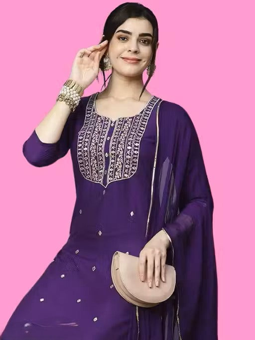 Women Stylish Purple Embroidered pure cotton slim fit kurta set