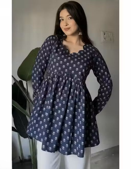 Navy Blue Floral Print Scalloped Neck Peplum Top