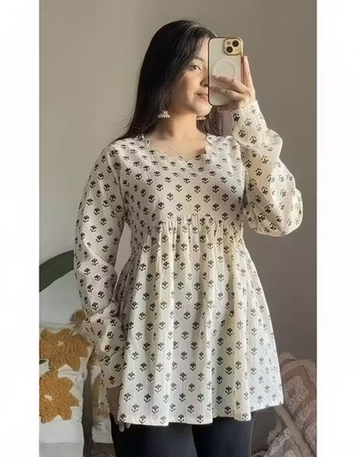 White & Black Printed Peplum Top