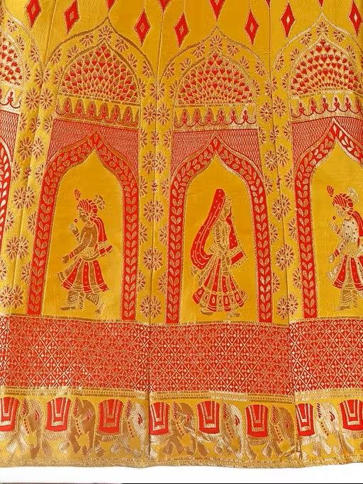 Yellow and Red Banarasi Silk Work Lehenega Choli with Dupatta