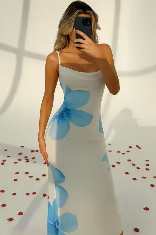 White Maxi Dress with Blue Floral Print