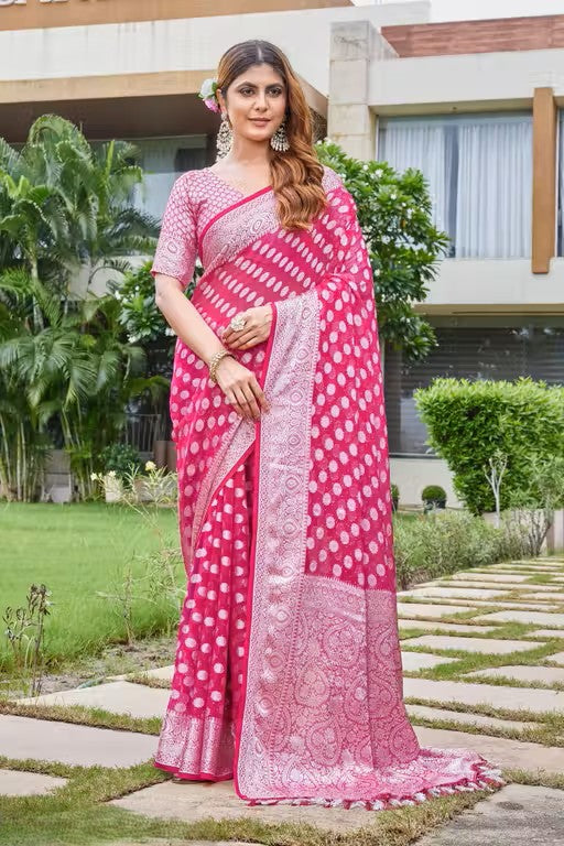 Georgette Rani Pink Festive Zari Saree