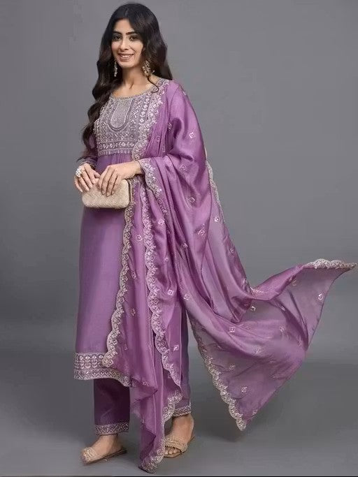 Women's Embroidered Silk Blend Calf Length Straight Kurta Pant With Dupatta