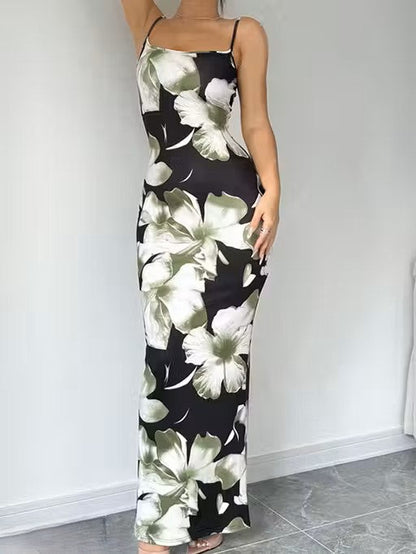 Stylish Green Floral Bodycon Maxi Dress