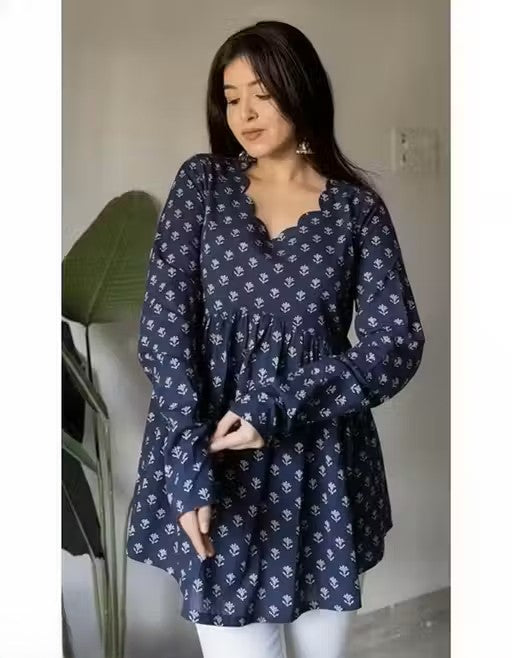 Navy Blue Floral Print Scalloped Neck Peplum Top