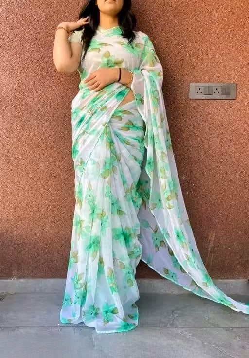 Elegant White & Green Floral Print Pure Georgette Saree