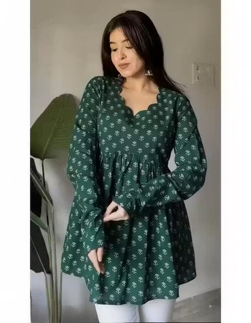 Scalloped Neck tunicDark Green Printed Babydoll Top